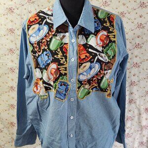 The Quacker Factory Womans 100% Cotton Cambrey Button Front Shirt Coffee Cups